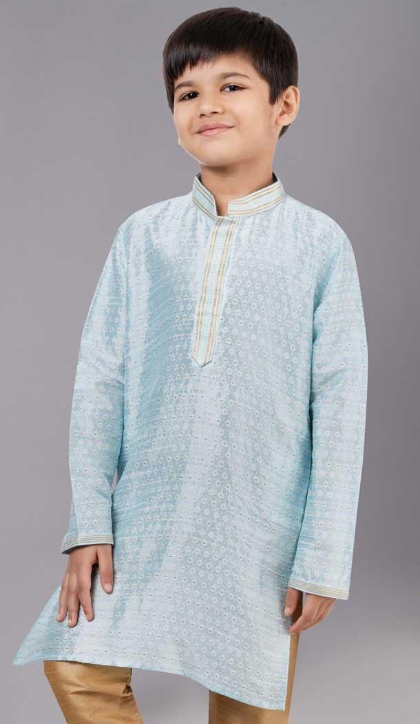 Sky Blue Polyester Cotton Weaving Work Boys Kurta Pajama - 12059204873