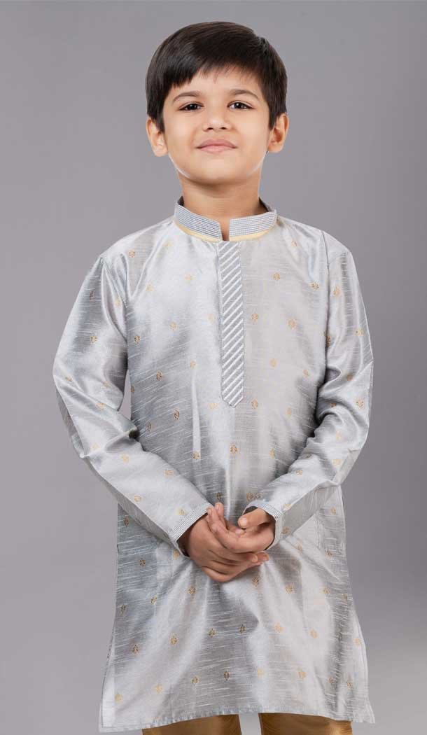 Grey Dhupion Silk Weaving Work Boys Kurta Pajama - 12059204874