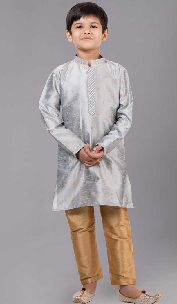 Grey Dhupion Silk Weaving Work Boys Kurta Pajama - 12059204874