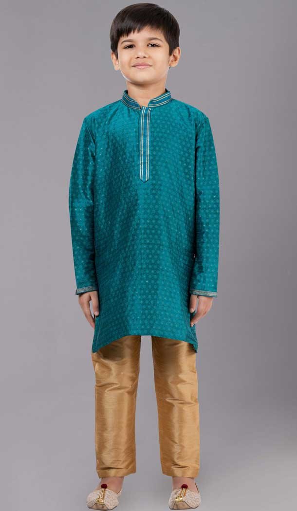 Green Polyester Cotton Weaving Work Boys Kurta Pajama - 12059204876