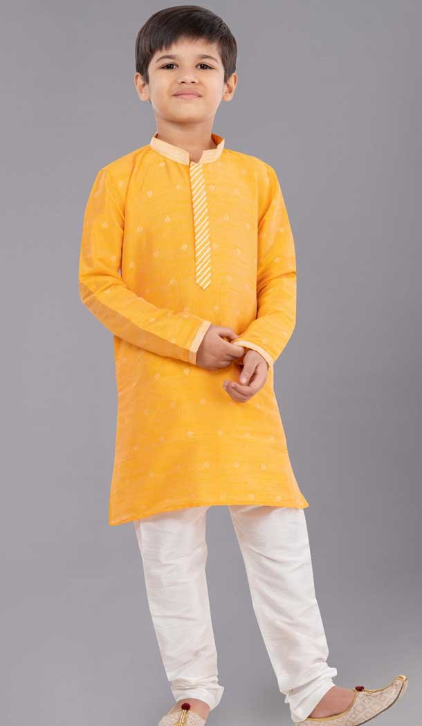 Yellow Dhupion Silk Weaving Work Boys Kurta Pajama - 12059204884