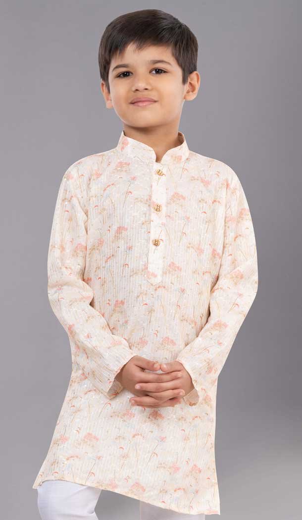 Cream Polyester Sequins Work Kids Wear Boys Kurta Pajama - 12060204890