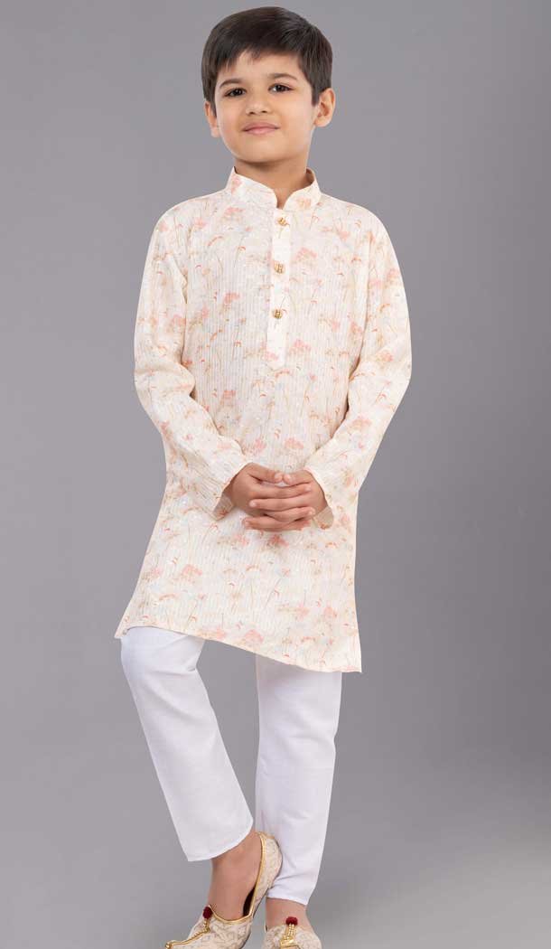 Cream Polyester Sequins Work Kids Wear Boys Kurta Pajama - 12060204890