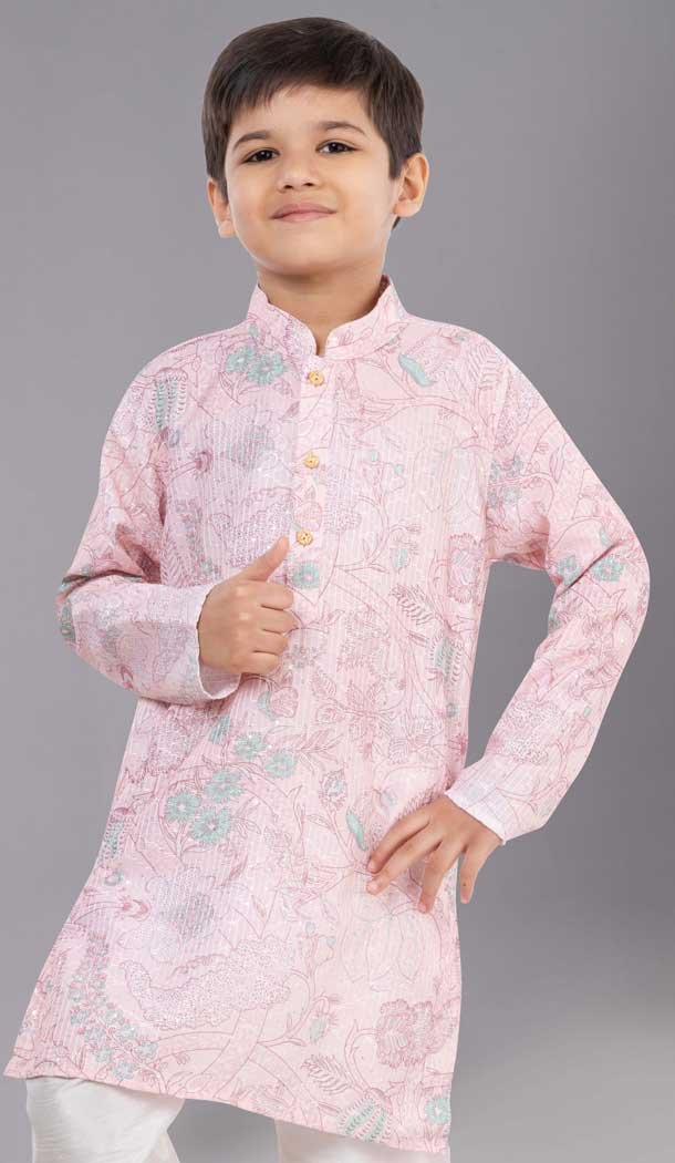Pink Polyester Printed Kids Wear Boys Kurta Pajama - 12060204893