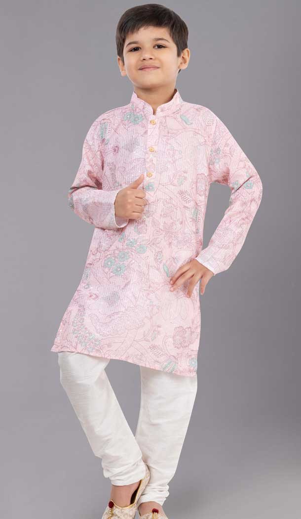 Pink Polyester Printed Kids Wear Boys Kurta Pajama - 12060204893