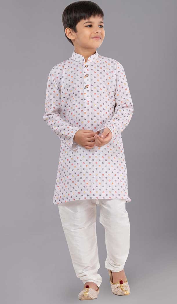 White Polyester Printed Kids Wear Boys Kurta Pajama - 12060204897