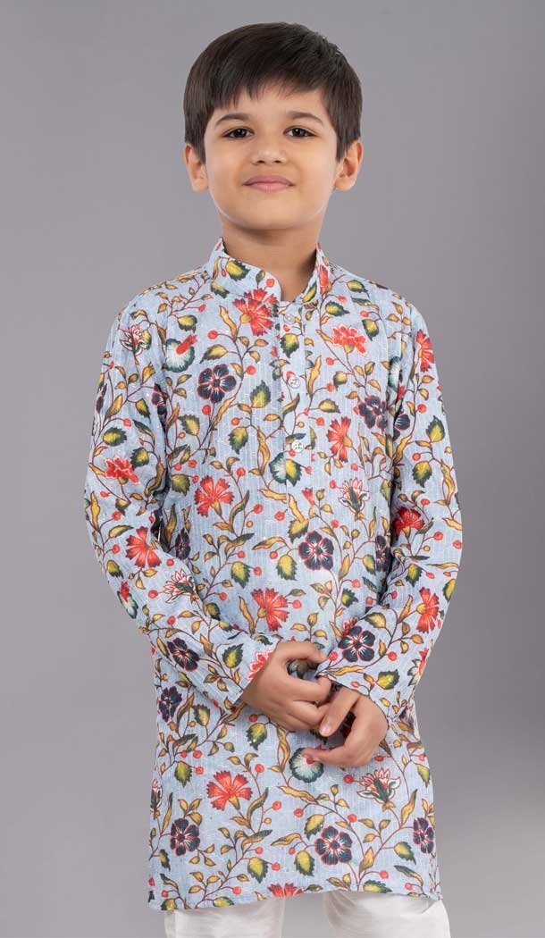 Grey Polyester Printed Kids Wear Boys Kurta Pajama - 12060204898