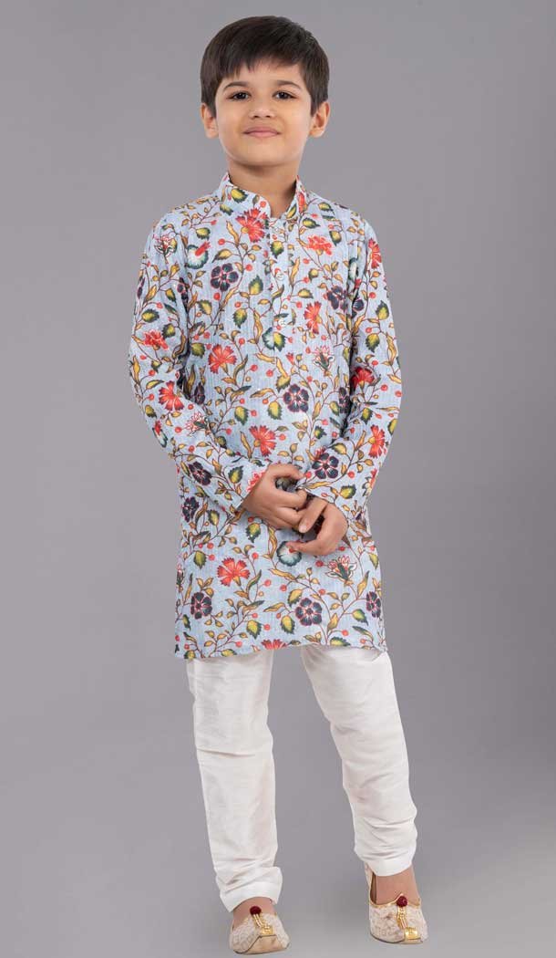 Grey Polyester Printed Kids Wear Boys Kurta Pajama - 12060204898
