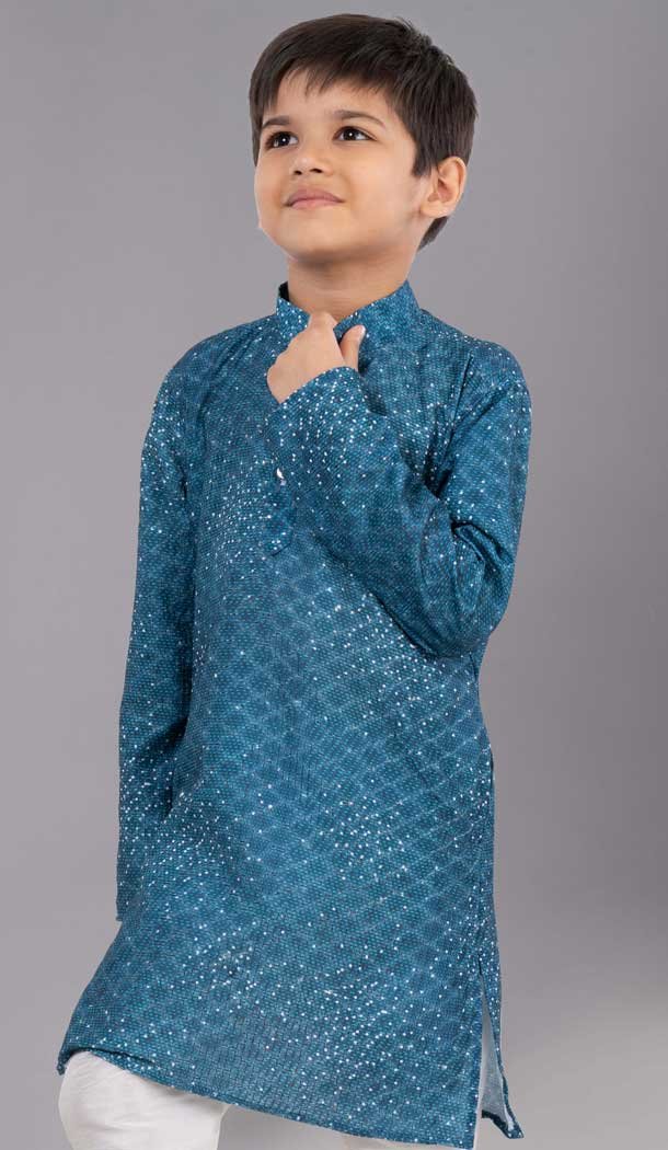 Teal Polyester Printed Kids Wear Boys Kurta Pajama - 12060204899