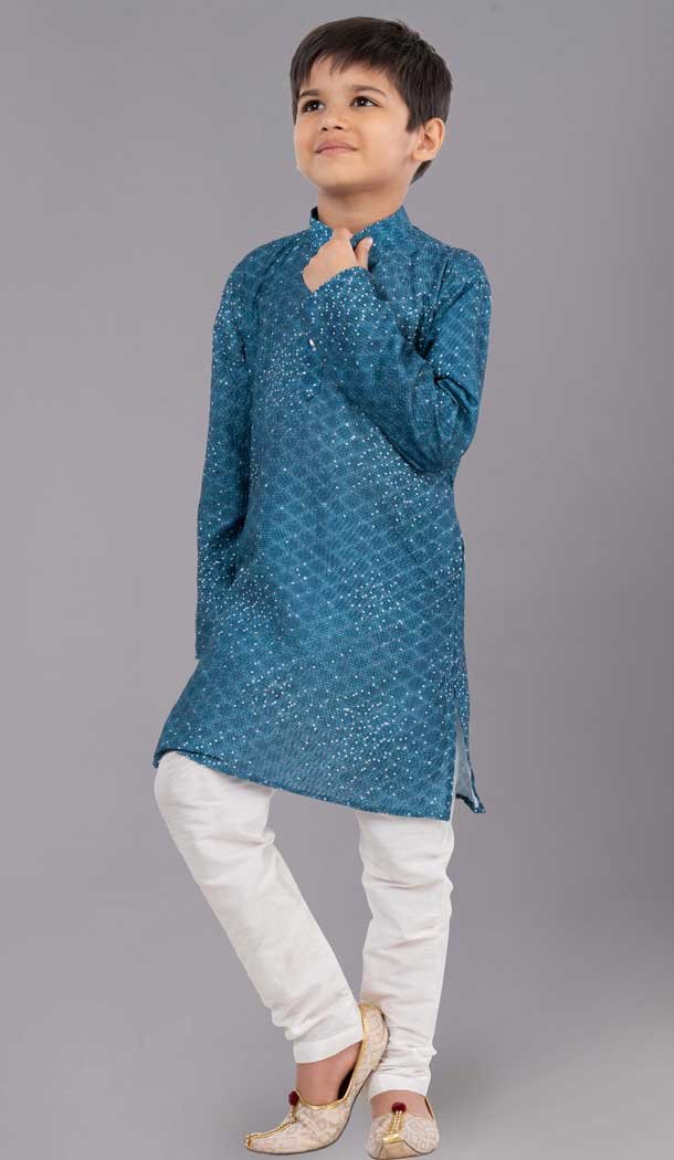 Teal Polyester Printed Kids Wear Boys Kurta Pajama - 12060204899