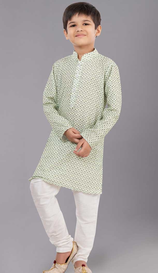 Green Polyester Printed Kids Wear Boys Kurta Pajama - 12060204907