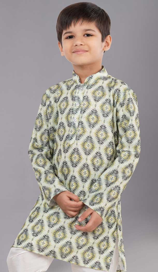 Green Printed Polyester Kids Wear Boys Kurta Pajama - 12060204909