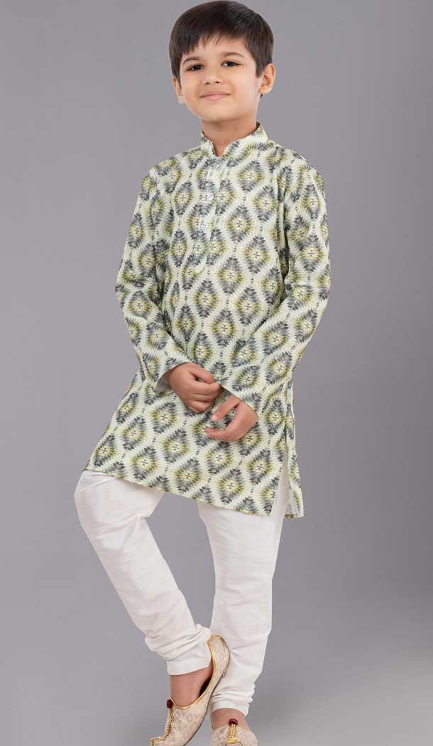 Green Printed Polyester Kids Wear Boys Kurta Pajama - 12060204909