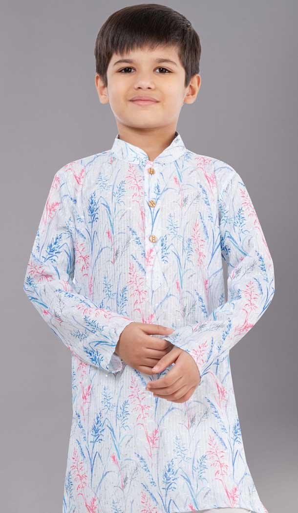 White Printed Polyester Kids Wear Boys Kurta Pajama - 12060204910