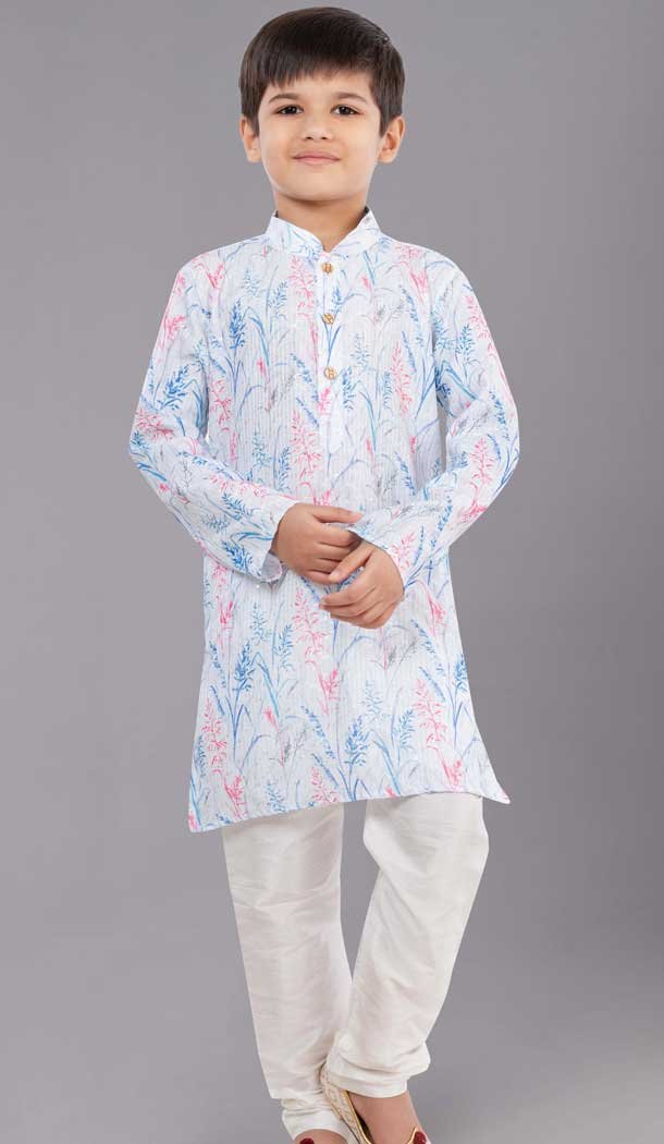 White Printed Polyester Kids Wear Boys Kurta Pajama - 12060204910