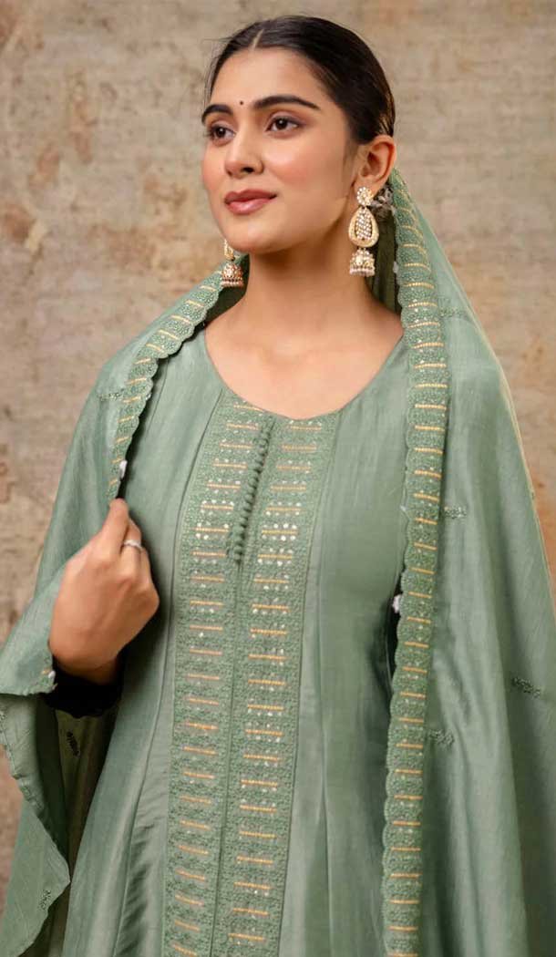 Pista Green Color Silk Resham Work Designer Anarkali Suit - 11608202133