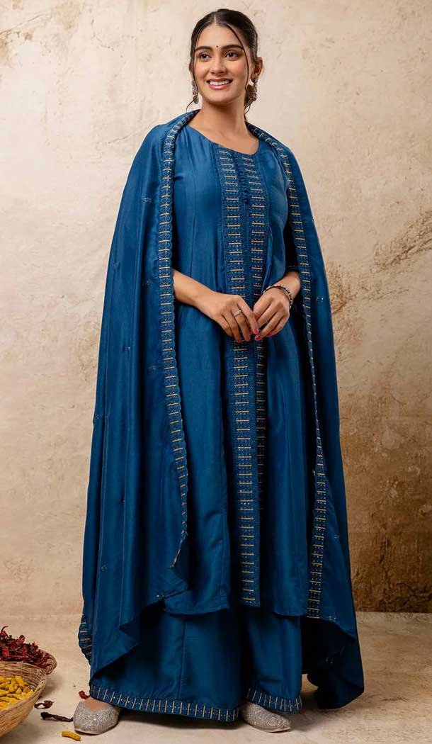 Teal Blue Silk Resham Work Designer Anarkali Suit - 11608202135