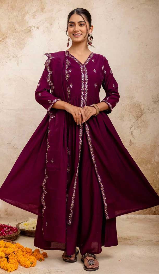 Purple Resham Work Silk Designer Anarkali Suit - 11608202139