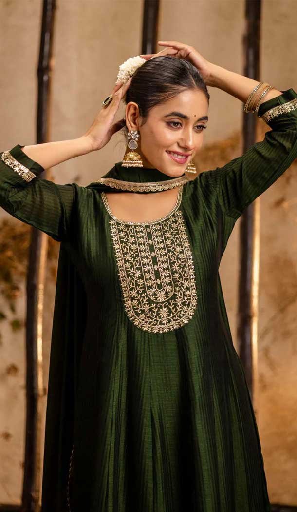 Silk Embroidered Party Wear Anarkali Suit In Green - 11642202302