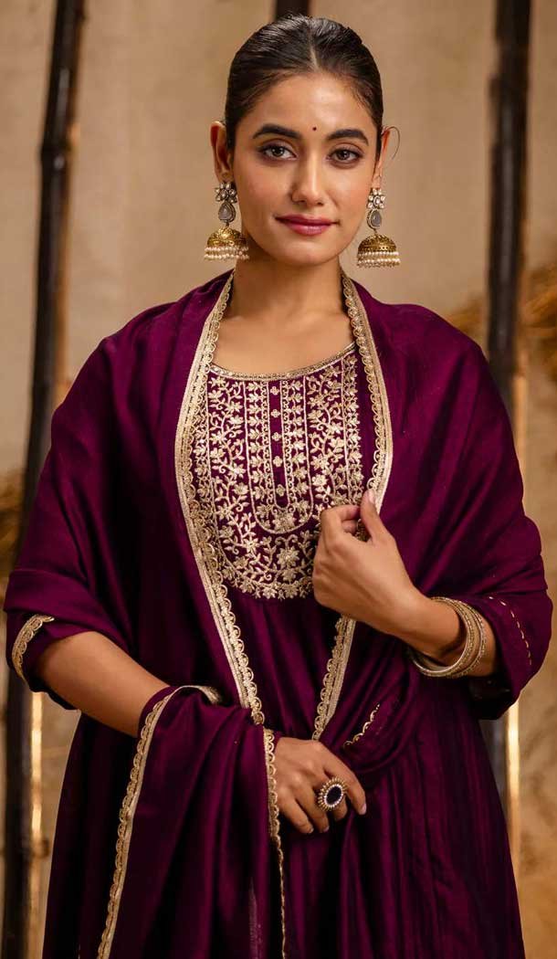 Silk Embroidered Party Wear Anarkali Suit In Purple - 11642202304