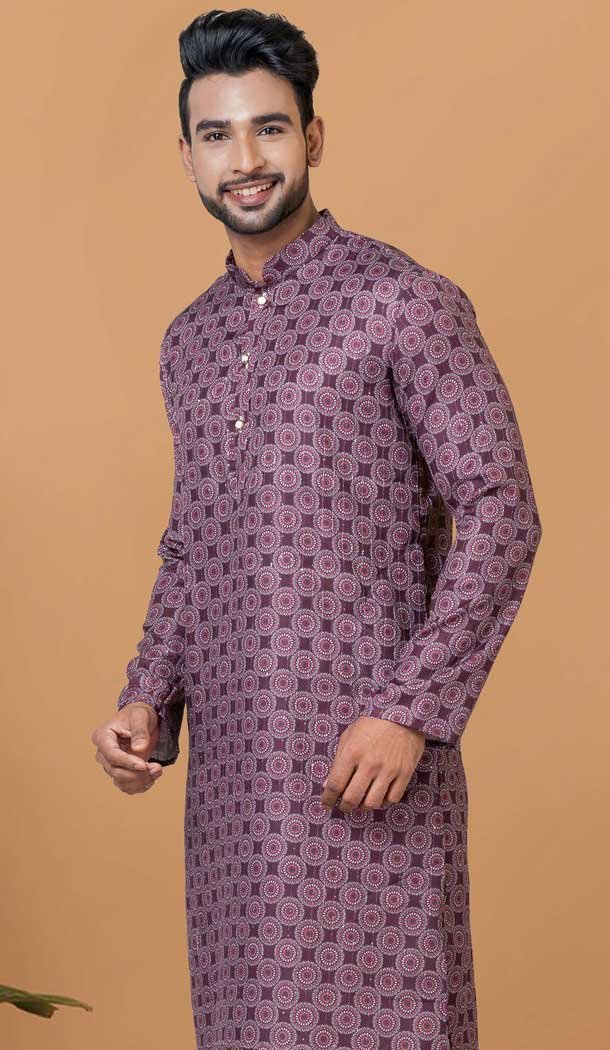 Purple Cotton Crochet Work Casual Wear Men Kurta Pajama - 12082205009