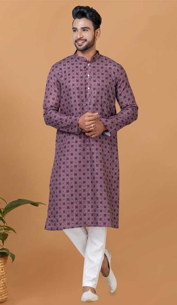 Purple Cotton Crochet Work Casual Wear Men Kurta Pajama - 12082205009