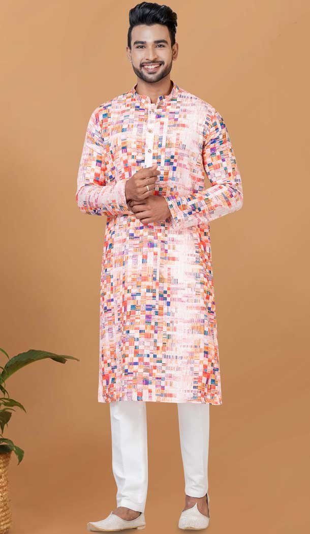 Multi Color Crochet Work Cotton Casual Wear Men Kurta Pajama - 12082205010