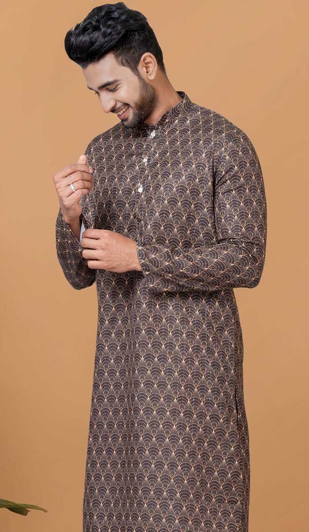 Brown Cotton Crochet Work Casual Wear Men Kurta Pajama - 12082205011