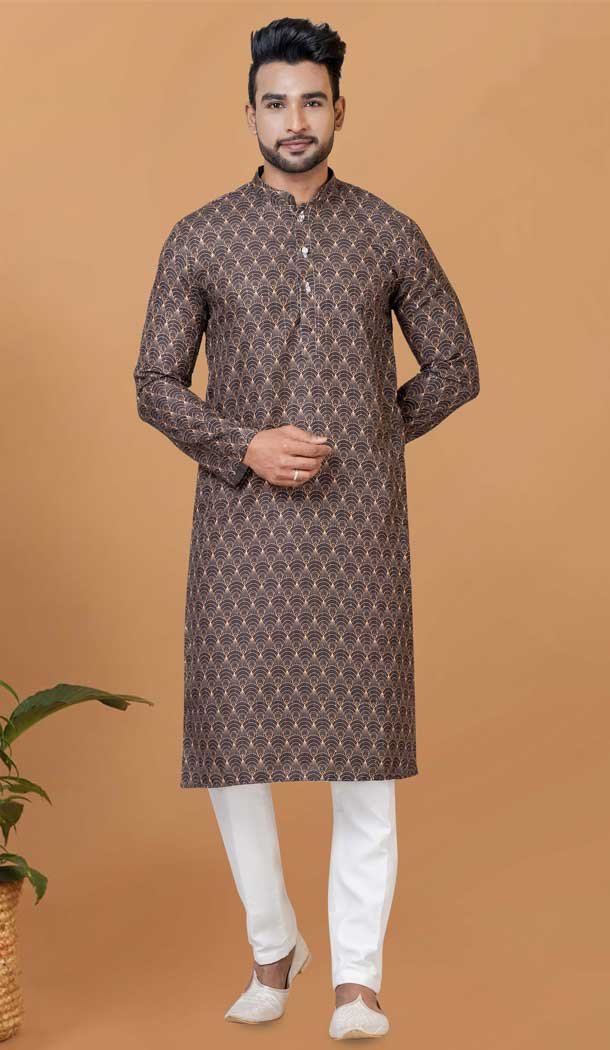 Brown Cotton Crochet Work Casual Wear Men Kurta Pajama - 12082205011
