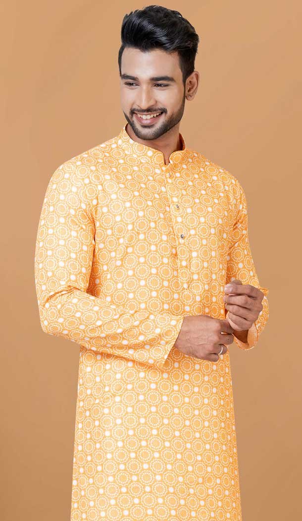 Yellow Cotton Crochet Work Casual Wear Men Kurta Pajama - 12082205013