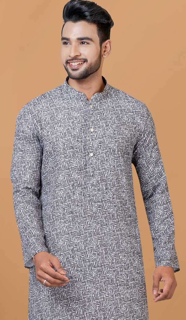 Grey Cotton Crochet Work Casual Wear Men Kurta Pajama - 12082205014