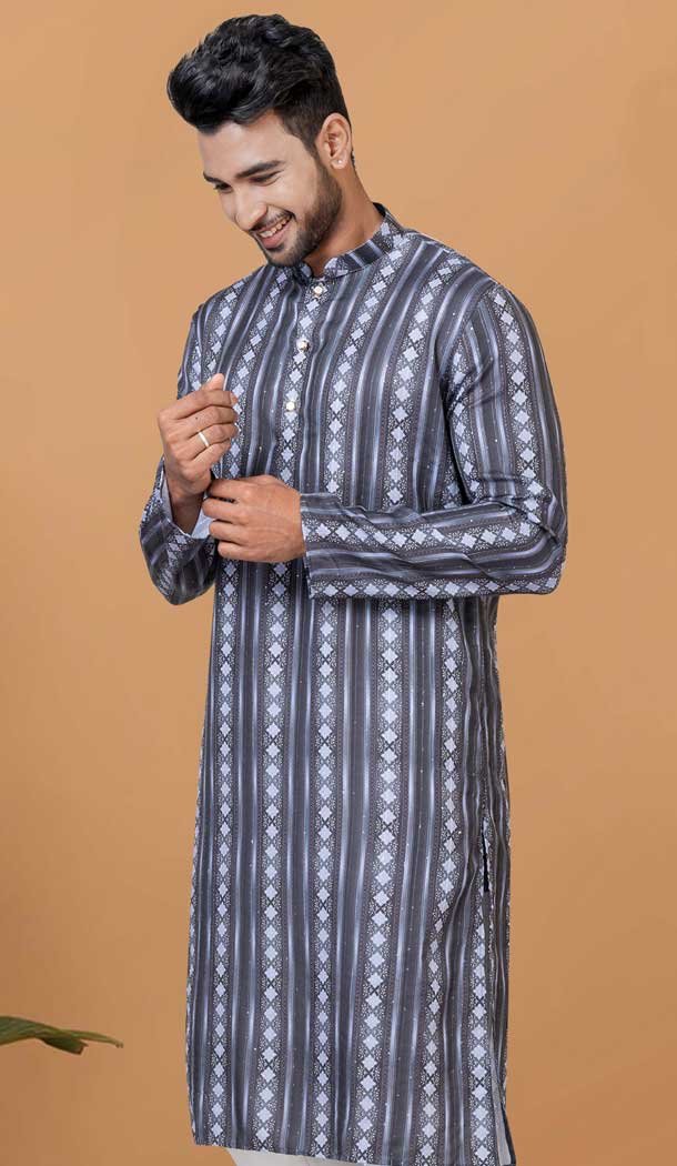 Grey Crochet Work Cotton Casual Wear Men Kurta Pajama - 12082205015