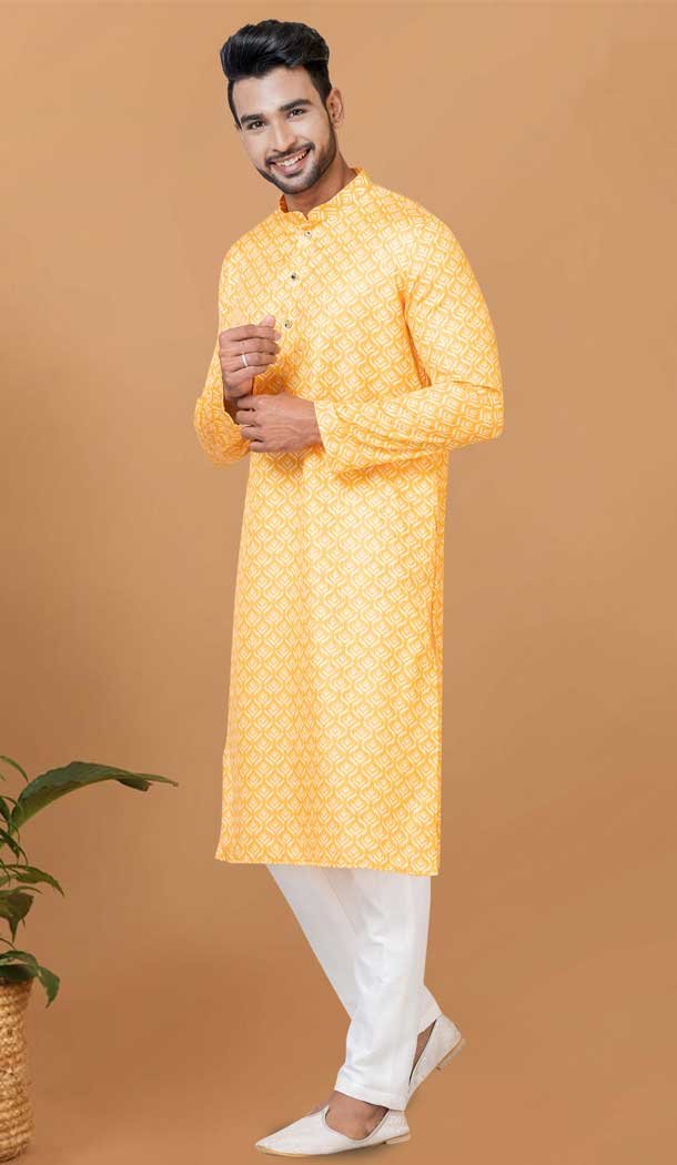 Yellow Crochet Work Cotton Casual Wear Men Kurta Pajama - 12082205016