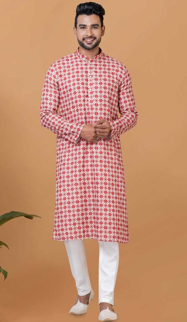 Casual Wear Cotton Crochet Work Men Kurta Pajama In Multi Color - 12082205023