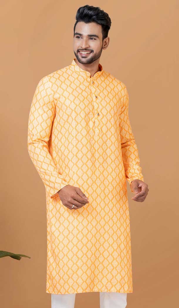 Golden Cotton Crochet Work Casual Wear Men Kurta Pajama - 12082205026