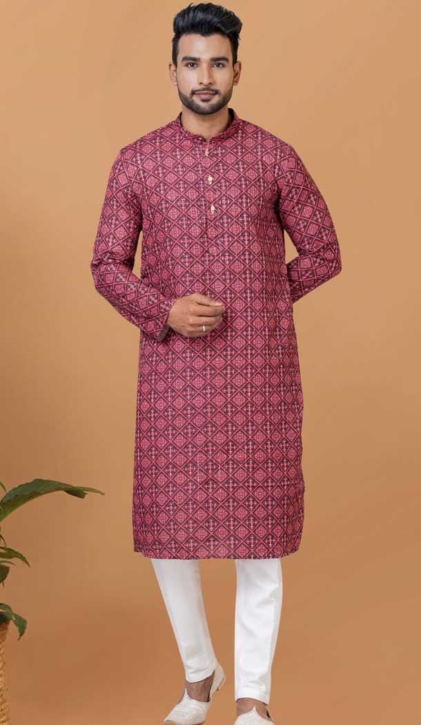 Maroon Cotton Crochet Work Casual Wear Men Kurta Pajama - 12082205028