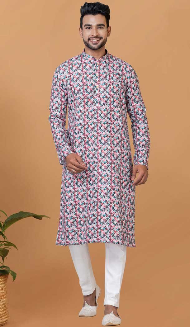 Cotton Multi Color Crochet Work Casual Wear Men Kurta Pajama - 12082205029