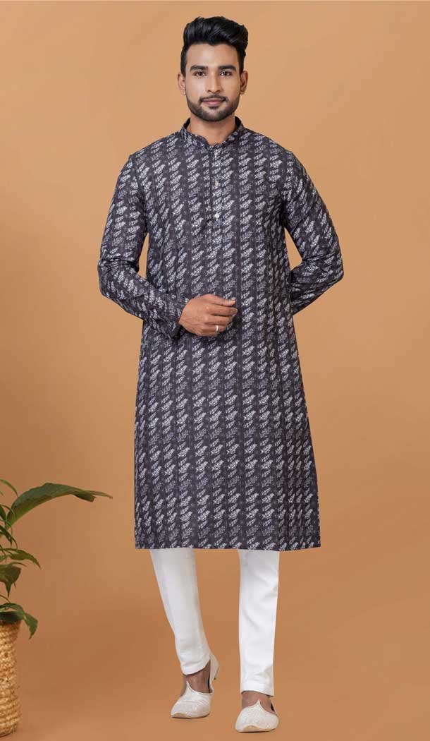 Cotton Crochet Work Casual Wear Men Kurta Pajama In Grey - 12082205030