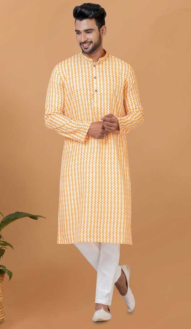 Cotton Crochet Work Casual Wear Men Kurta Pajama In Yellow - 12082205031