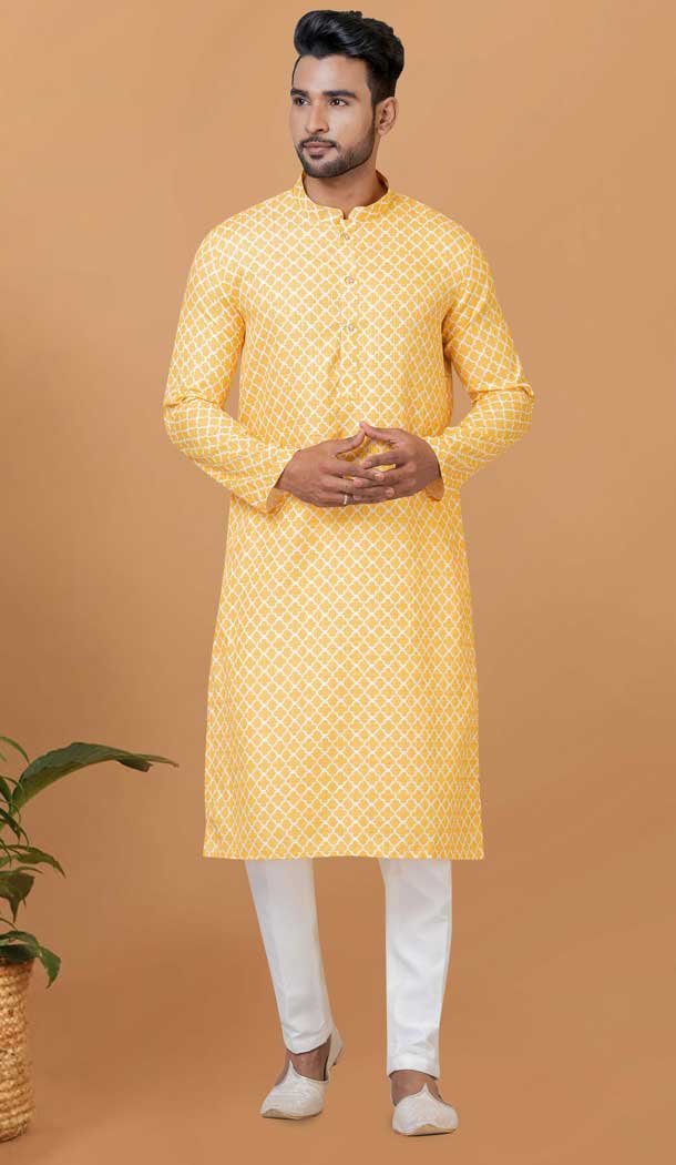 Golden Crochet Work Cotton Casual Wear Men Kurta Pajama - 12082205035