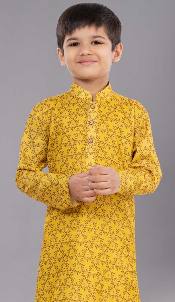 Beautiful Yellow Cotton Digital Printed Kids Wear Boys Kurta Pajama - 12085205068
