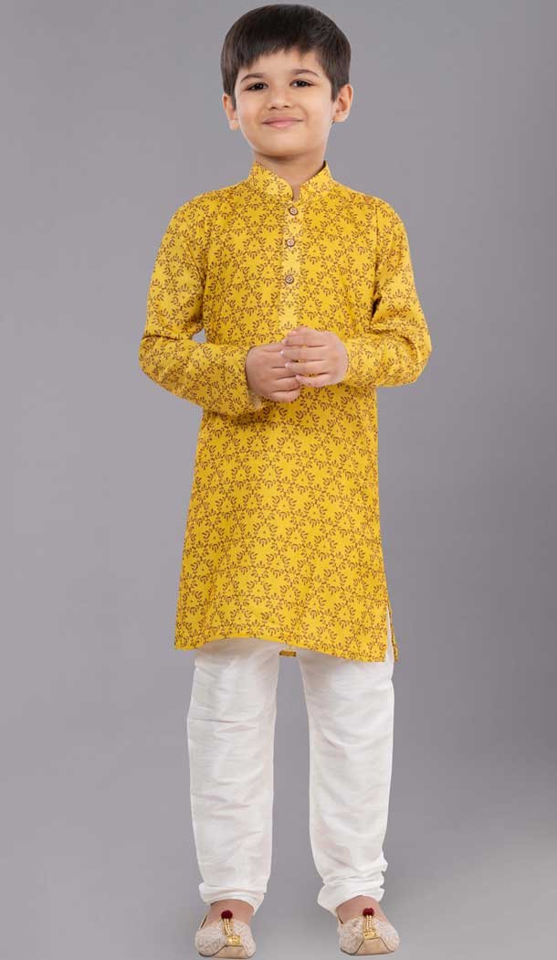 Beautiful Yellow Cotton Digital Printed Kids Wear Boys Kurta Pajama - 12085205068