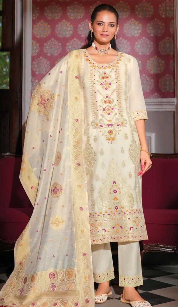 White Banarasi Silk Jacquard Work Party Wear Salwar Kameez - 12094205208
