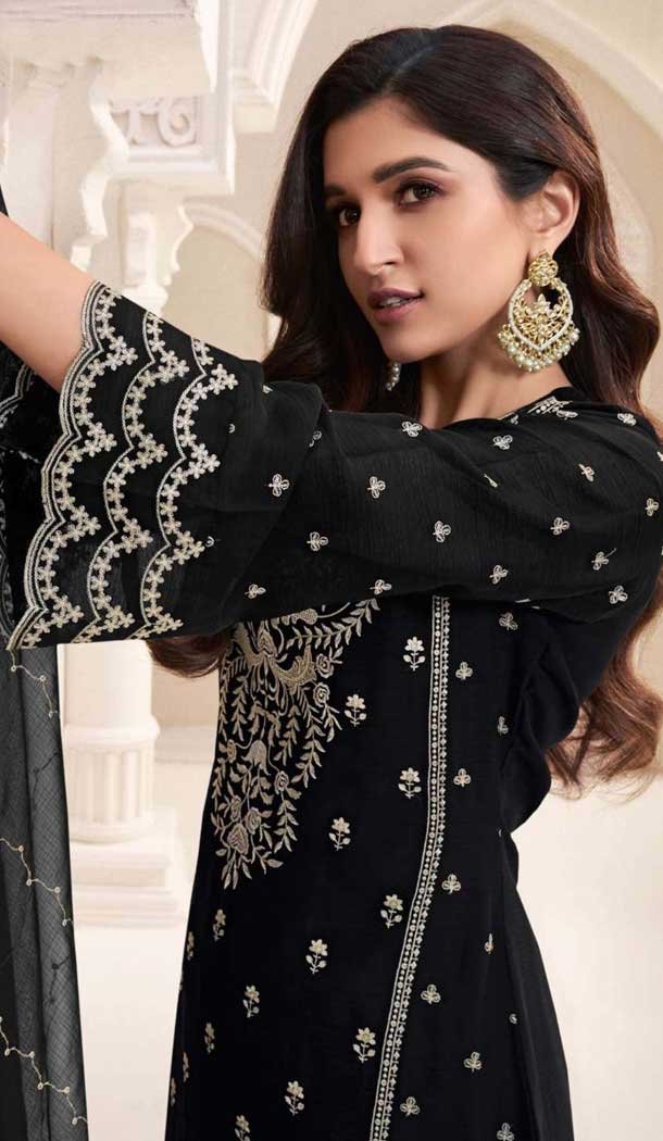 Silk Chiffon Embroidered Evening Wear Salwar Kameez In Black - 12098205235