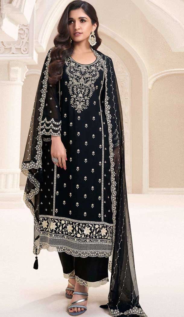 Silk Chiffon Embroidered Evening Wear Salwar Kameez In Black - 12098205235