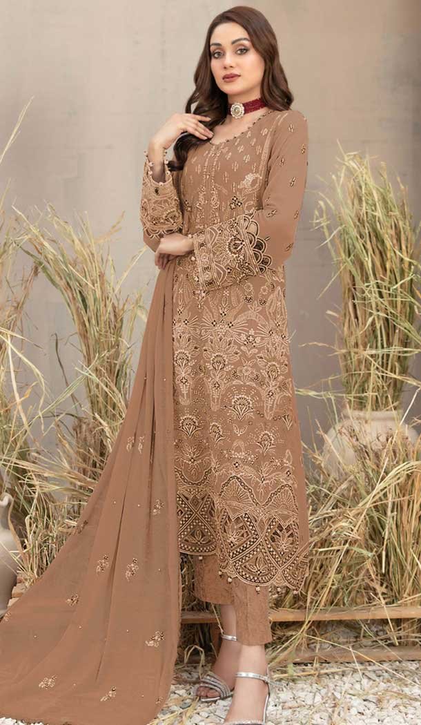 Georgette Embroidered Pakistani Style Salwar Kameez In Coffee - 12054204831