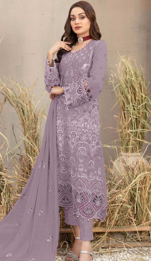 Georgette Embroidered Pakistani Style Salwar Kameez In Lavender - 12054204833