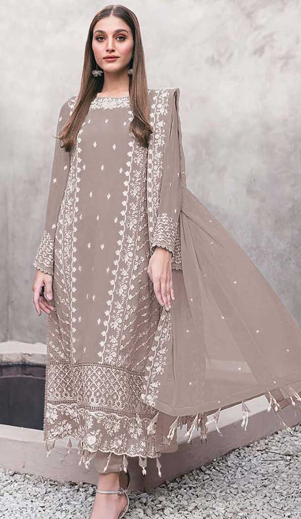 Beige Georgette Embroidered Designer Pakistani Salwar Kameez - 12055204834