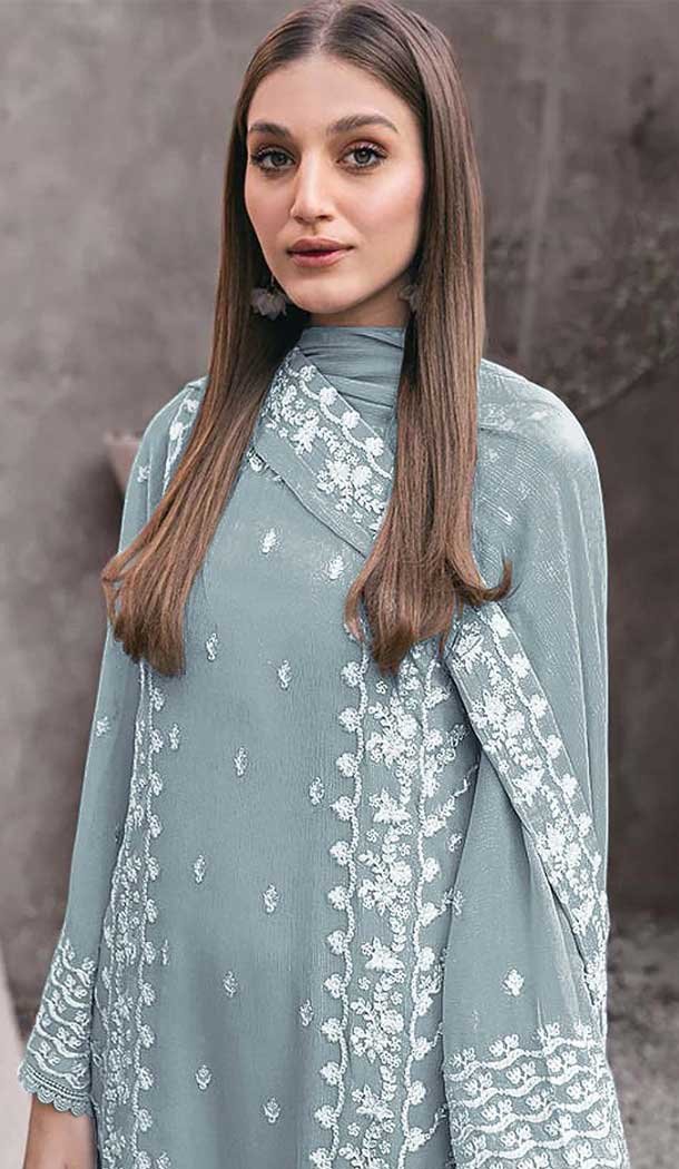 Sky Blue Georgette Embroidered Designer Pakistani Salwar Kameez - 12055204835