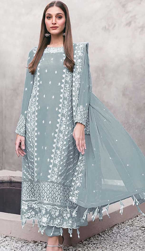 Sky Blue Georgette Embroidered Designer Pakistani Salwar Kameez - 12055204835